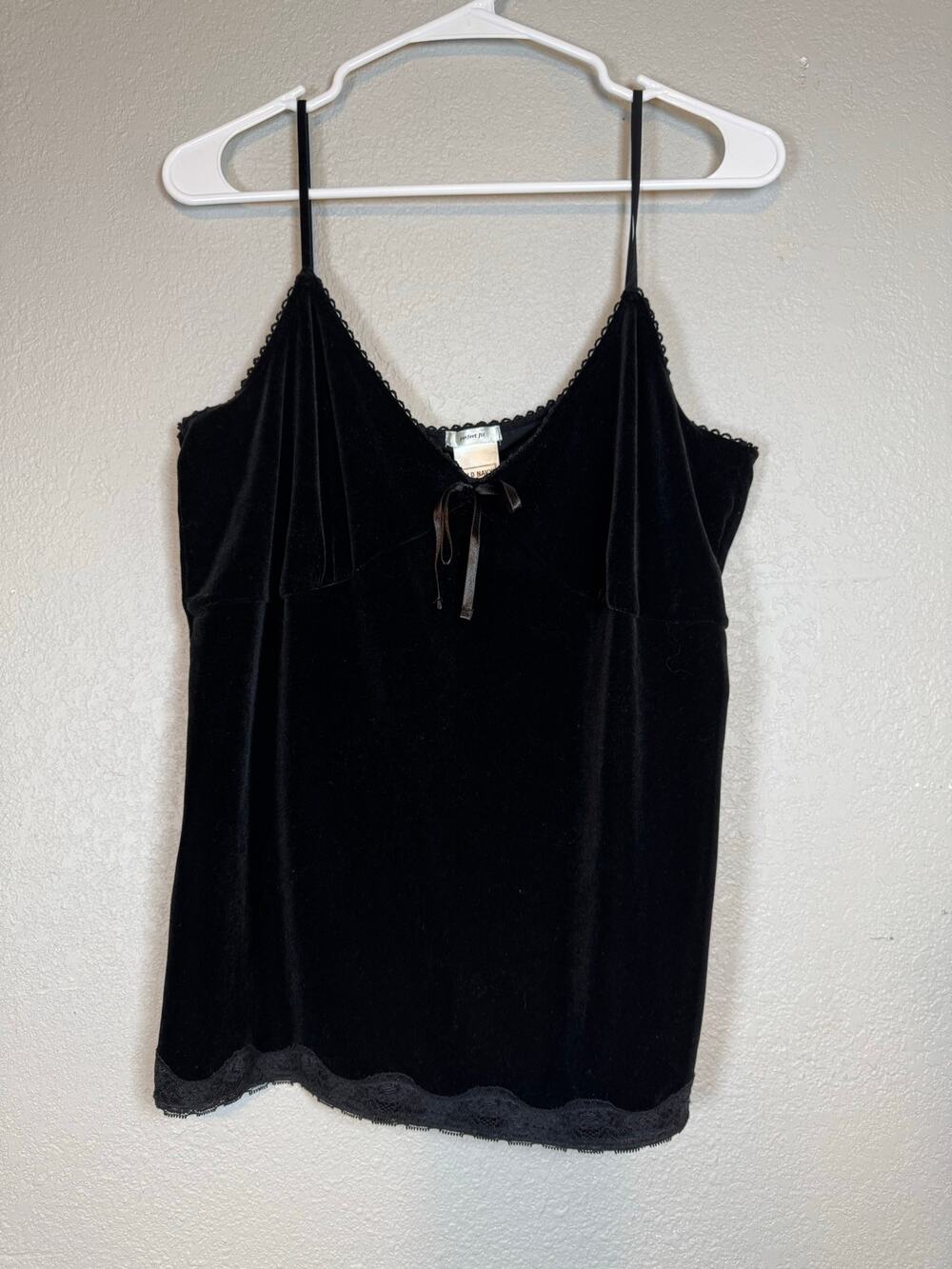 Y2K Old Navy Black Velvet Cami Top Camisole Womens XL Lace Trim Bow Strappy Goth